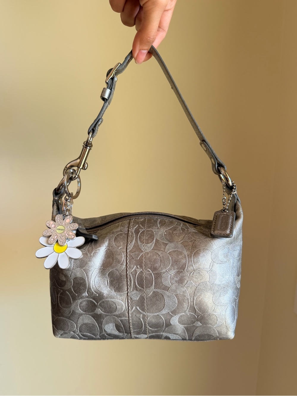 Coach Metallic Silver Signature Mini Hobo Shoulder Bag